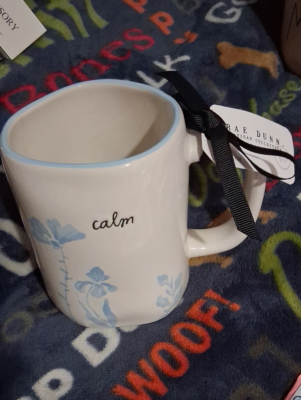 Rae Dunn White Ceramic Mug with Light Blue Floral Accents